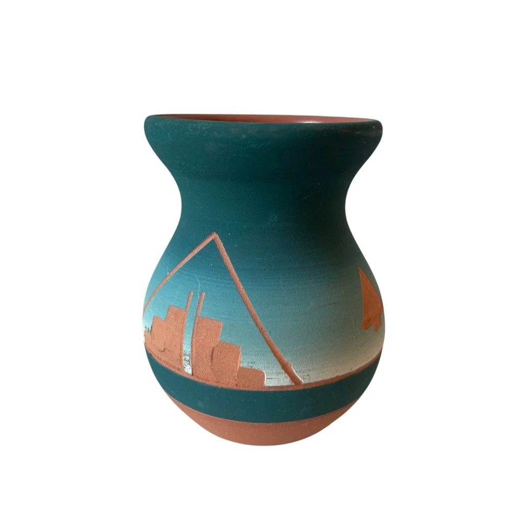 Native American Sioux Lakota Pottery Vase Teal Terracotta Hand Painted Matte